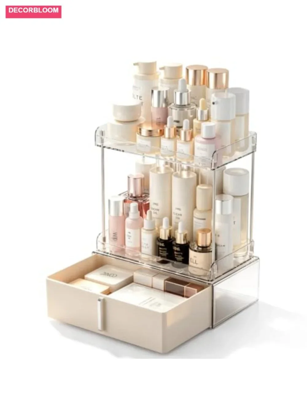 2-Tier Makeup Organizer with Drawer, Large Capacity Cosmetic Storage Box for